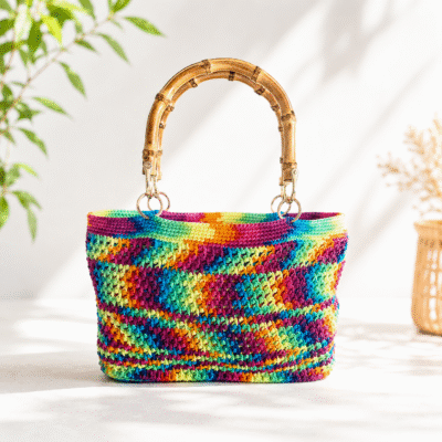bamboe handtas Haakpakket - Rainbow handtas met bamboe handvaten